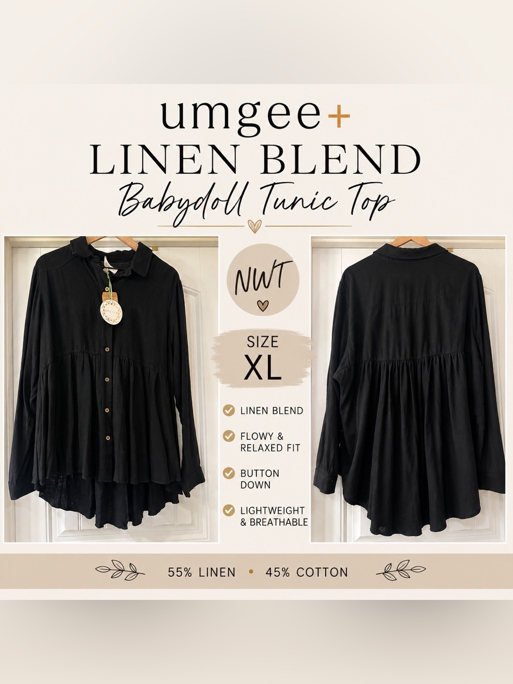 Umgee Black Linen Blend Baby Doll Top Size XL - Picture 3 of 7